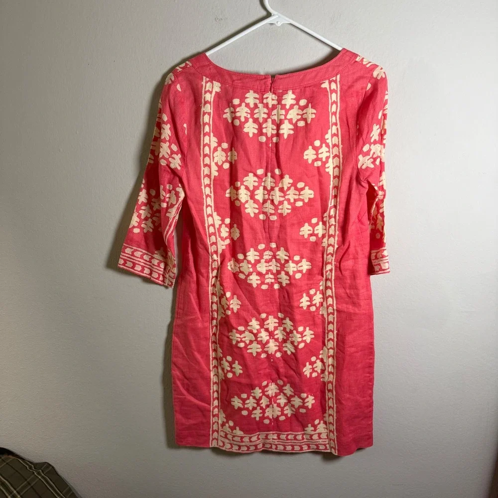 J.Crew‎ Pink Linen Block Print Split Neck Shift Dress 3/4 Sleeve Womens Size 2